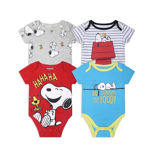 Peanuts Snoopy Boys 4 Pack Short Sleeve Bodysuit for Newborn and Infant