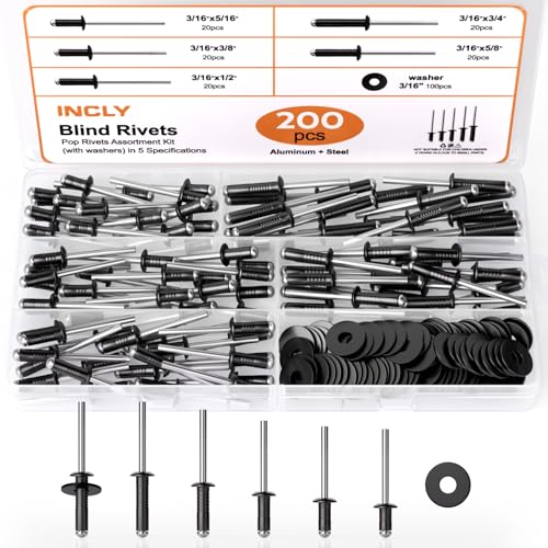 Image of INCLY 200Pcs 3 /16 Inches Pop Rivets Assortment Kit, 5 Sizes Aluminum Black Rivets for Metal 3 /16 inch x 5 /16 inch 3 /8 inch 1 /2 inch 5 /8 inch 3 /4'' and 304 Stainless Steel Washers with Storage Case