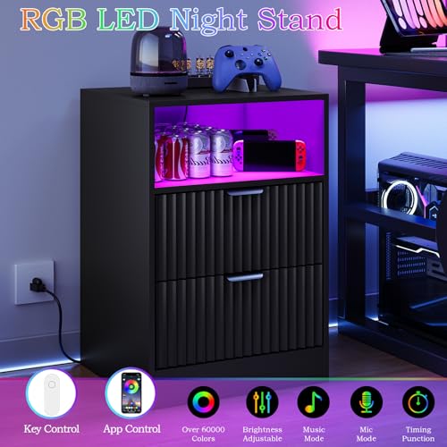 Image of Black Night Stand Set 2, LED Nightstand with Charging Station, Fluted Nightstands Set of 2 with 2 Drawers, Wood Side Table End & Bedside Tables for Bedroom Sofa Office