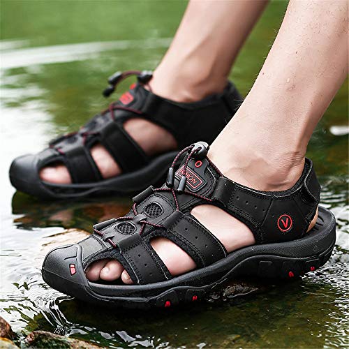 Sandals Men Leather Beach Shoes Baotou Casual Large Size Outdoor Casual Fisherman Strap Hiking black-372