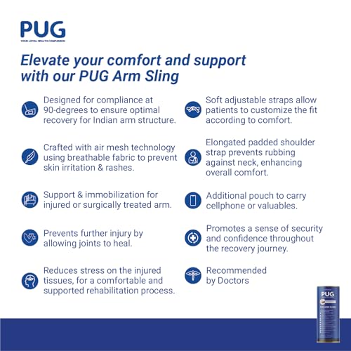 Image of PUG Arm Sling, Designed for compliance at 90 degrees for optimal recovery, With Airmesh Technology, Double and elongated pad cushion for extra care, Ergonomically designed for Indian Arm, With additional pouch to carry mobile