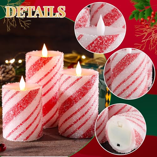 Image of Baquler 3 Pcs Christmas Flameless Candles Pastel Candy Cane LED Pillar Candle Peppermint Glitter Red and White Battery Operated Candlestick for Xmas Party Holiday Table Home Decoration(Thin Stripe)