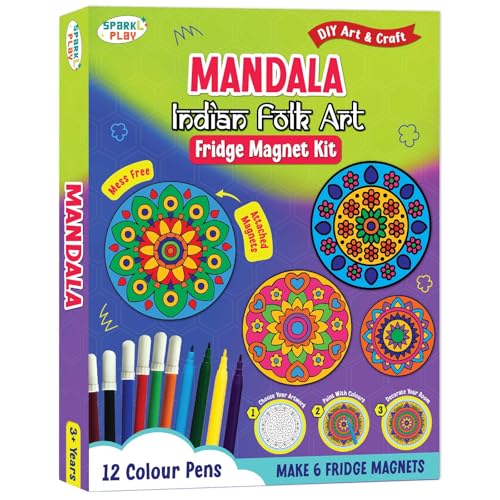 Image of SparkLPlay DIY Mandala Art Kit for Kids. Coloring Set with - 6 Magnetic Cutouts,12 Color Pens & Booklet. Creative Art & Craft. Mess Free. Gifts for Kids.