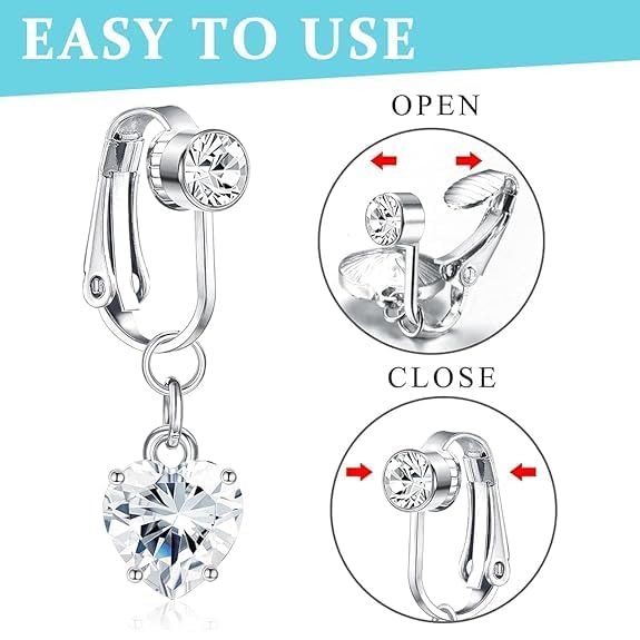 Image of Fake Silver Belly Navel Clip | No Piercing Belly Button Ring | Non Pierced Heart Dangle Jewelry for Girls & Women | Trendy Clip On Body Jewelry for Party