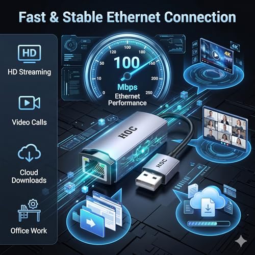 Image of HOC Technologies VINATA USB 2.0 to RJ45 Fast Ethernet Adapter | 10 /100 Mbps | Aluminum Alloy | Driver-Free | Win 7 /8 /10 /11 | Laptop, Desktop, TV Box | 3 Yr Warranty