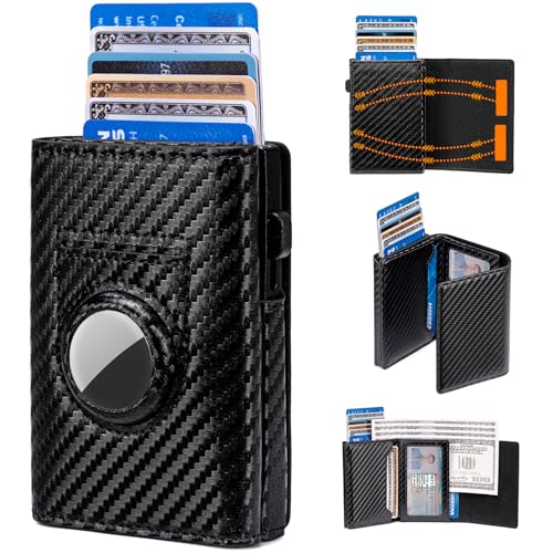 Men's RFID Blocking Smart Wallet Genuine Leather AirTag Compatible Pop-Up Card Case 9-14 Capacity with ID Window Brown (Carbon Fiber Black)2