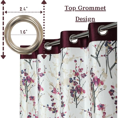 Image of 6 Feet Polyester Floral Light Filtering Window Curtains for Living Room, Bedroom & Dining Room, Eyelet Top, Wine Printed and Solid Plain Curtain Set of 3