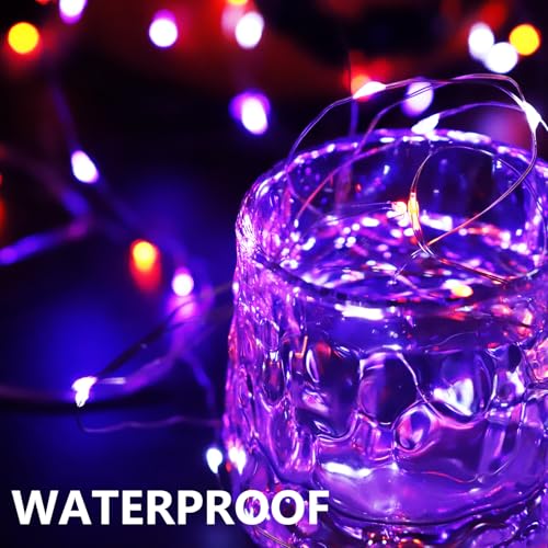 Image of Halloween Decorations Fairy Lights Purple White Orange, 100LED Copper String Lights Battery Operated Twinkle with Remote Control for Home, Patio, Outdoor Decor- 2 Pack