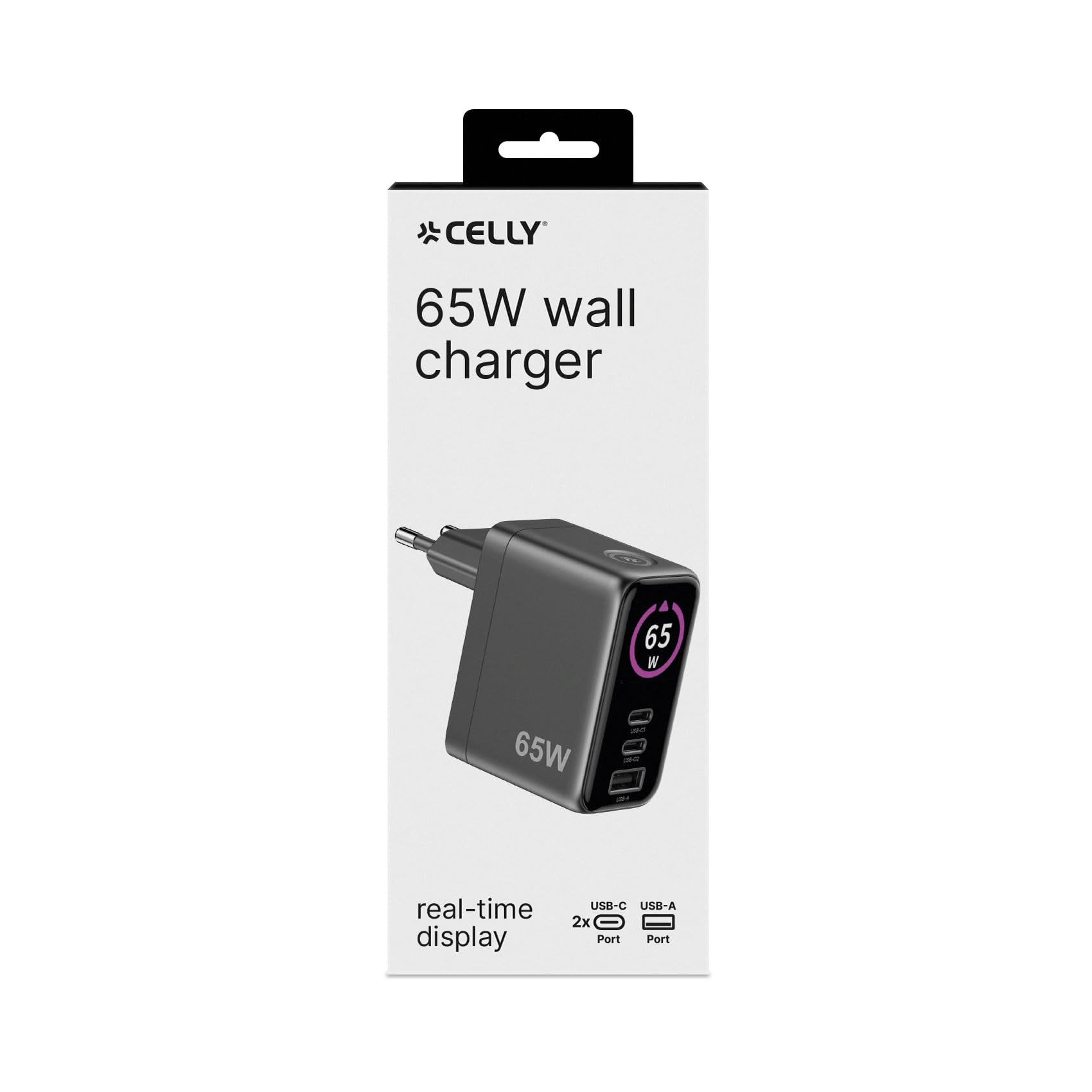Celly - Caricatore Multiplo USB-C 65W GaN con Display LED, Ricarica Rapida per Laptop, Smartphone e Tablet