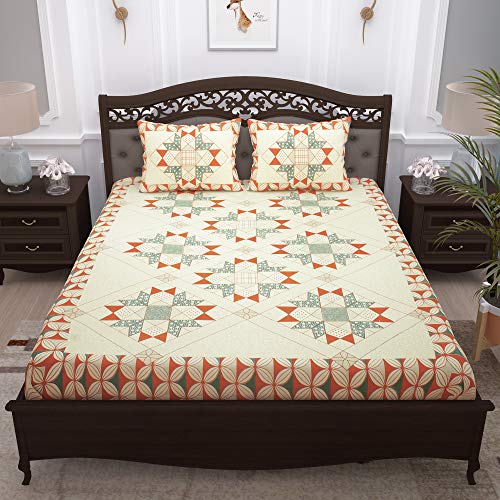 Image of Story@Home Pandora Collection 152 TC 100% Cotton Bedsheet for Double Bed with 2 Pillow Covers (90 X 108 Inch, Off White & Orange)