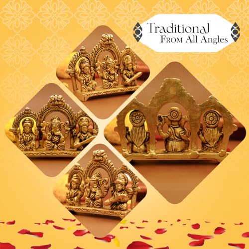 Image of Ekhasa 100% Pure Brass Laxmi Ganesh Saraswati Murti (Size: 8.0 cm) | Lord Ganpati Lakshmi Saraswati Maa Idol for Diwali Puja | God Idols for Pooja Room or Griha Pravesh Ceremony