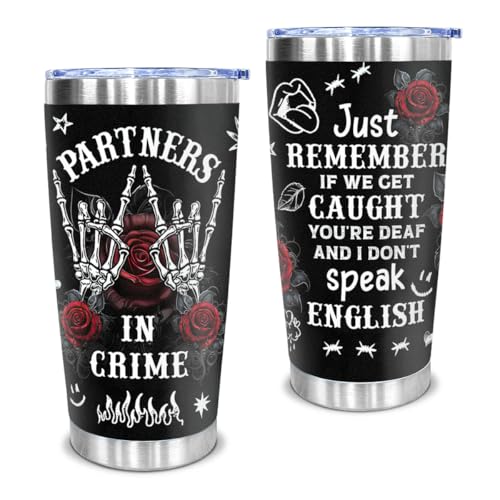CHOANG Gothic Partners in Crime Tumbler Gift for Best Friend, Funny Stainless Steel Travel Mug with Skeleton Hands & Roses, Friendship BFF Birthday Christmas Present for Women Girls