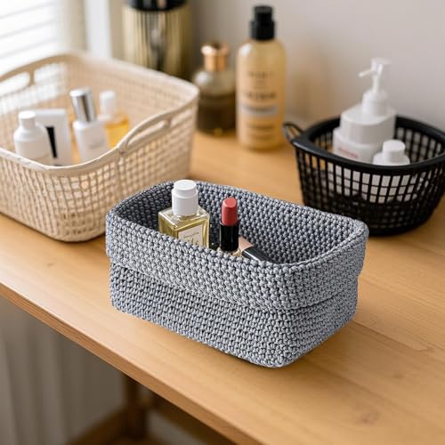 Häkelkorb,Häkelkorb Aufbewahrung,Korb für Gästehandtücher,Korb für Aufbewahrung,Bad Körbchen, für Bäder,Küchen,Wohnzimmer,Büros(21 x 13 x 15.5cm-Grau)
