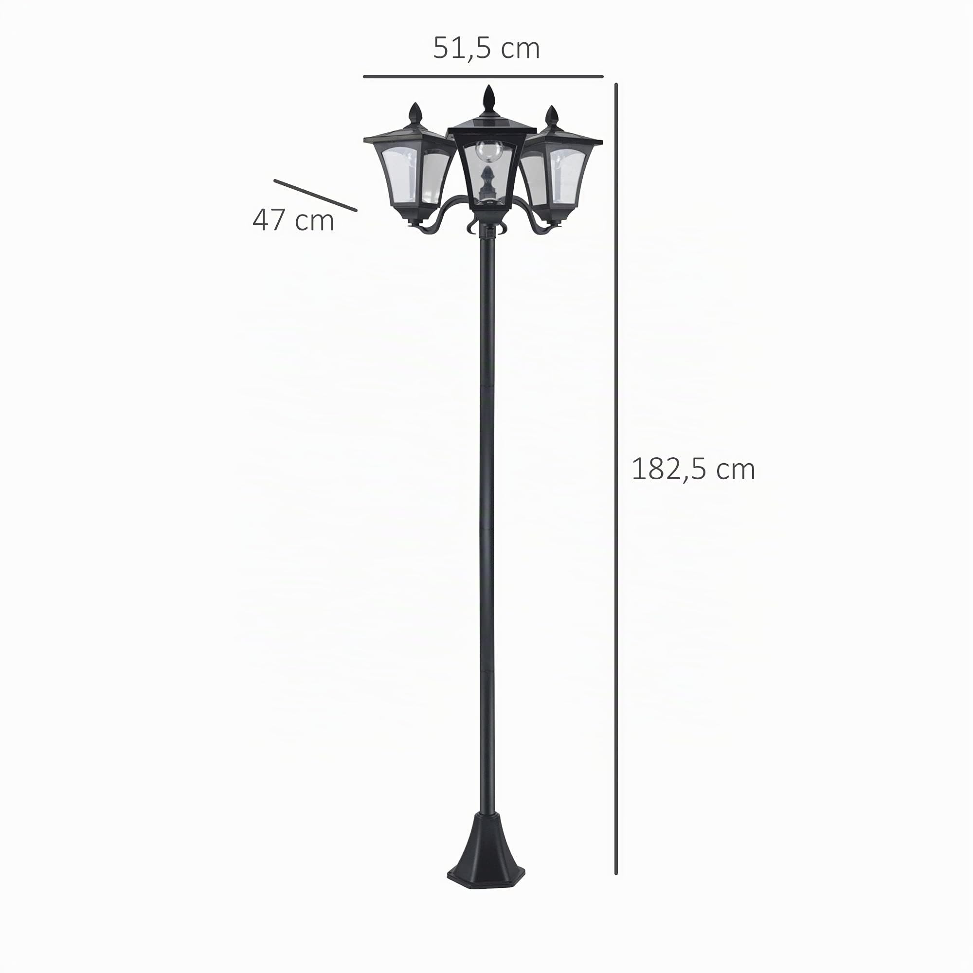 Outsunny Farolas Solares de Exterior IP44 2 Piezas 51,5x47x182,5 cm Negro | Luces Solares de Pie, con 3 Luces LED, para Camino Terraza Patio