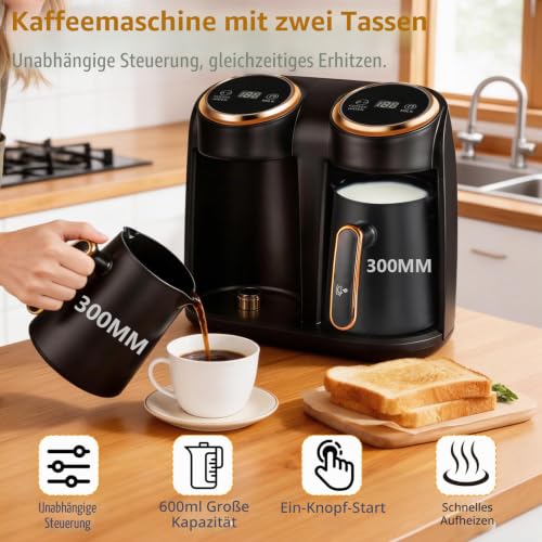Türkische Kaffeemaschine, 600W Elektrische Türkischer Kaffeekocher mit 2 Stück 300ml Kannen, Touch-Bedienung, LED-Anzeige, Automatische Abschaltung, Heißgetränkezubereiter für Einsatz im Büro, Hause