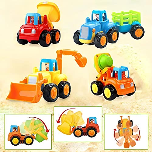Liberty Imports Set Of 4 Cartoon Friction Powered Push And Play Construction Vehicles For Toddlers - Dump Truck, Cement Mixer, Bulldozer, Tractor #TOP4