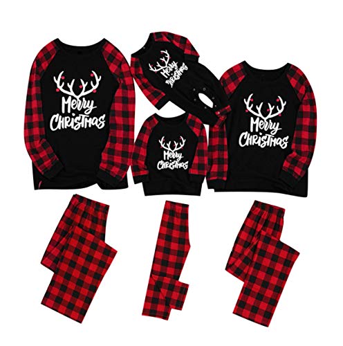 Matching Family Pajamas Sets Christmas Letter Long Sleeve Tee Red Plaid Pants Xmas PJs Loungewear for Couples Girls Boys (A-Black Plaid, Men/XL)