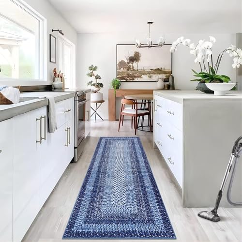 GAOMON Braided Print Washable Non-Slip Hallway Runners Entryway Rug - 2x6, Ultra-Thin Farmhouse Kitchen Mat Bedroom Bedside Laundry Distressed Non-Shedding Accent Carpet - Navy