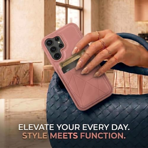 Image of amazon basics Premium Vegan Leather Back Cover with Card Holder and Integrated Mobile Stand for iPhone 17 - Slim Shockproof Wallet Case with Geometric Stitching [Pink]