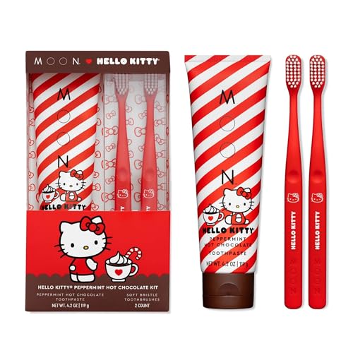 MOON x Hello Kitty Toothpaste, Peppermint Hot Chocolate Flavor, 4.2 Oz, No Fluoride or Sugar, Plus 2 Pack Extra Soft Bristle Toothbrushes, Gentle on Gums & Teeth for Adults & Children 2 Years+