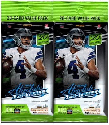 2 PACKS 2020 Panini Absolute NFL Football CELLO pack 20 cardspk