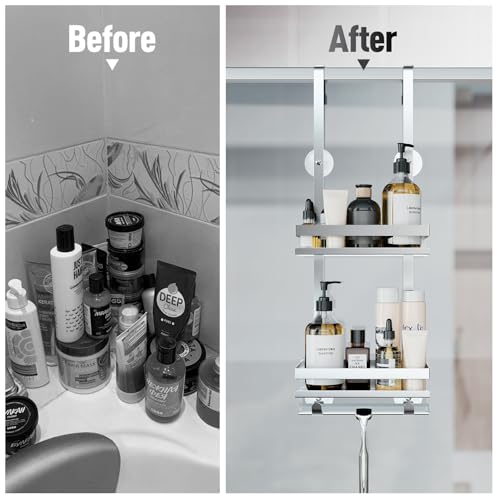 Laimew Duschablage ohne Bohren Badezimmer Organizer, Badregal Duschregal ohne Bohren, Duschablage zum Hängen für Glasduschtüren, Duschregal zum Hängen Shampoo Halterung für Dusche Silber