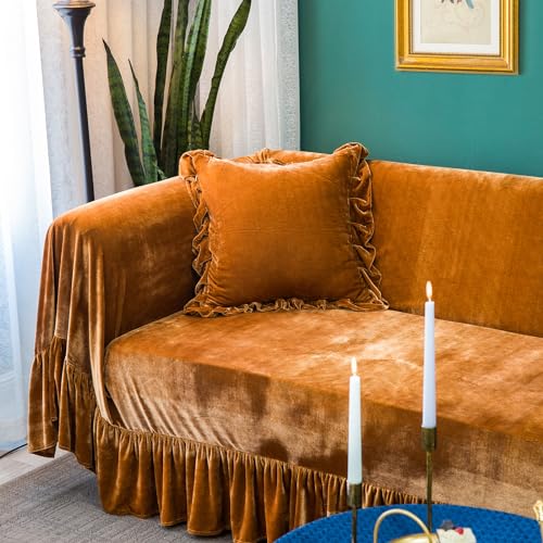 Glory Season RBSFJ2023 Velvet Sofa Cover Soft Decorative Luxurious Solid Exquisite Ruffle Trim,Retro Farmhouse Vintage Sofa Slipcover Couch Cover thumb #2