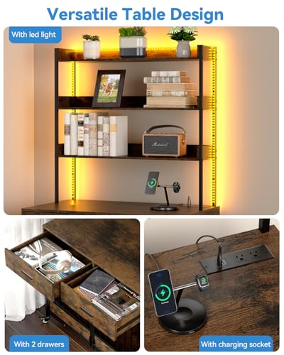 Petrova 40" Dog Crate Furniture with LED Light & 2 Storage Drawers, Heavy Duty Indoor Dog Kennel for Medium/Small Dogs, Wooden Dog Cage with Power Outlets, Charging Station, Lockable Wheels, Brown — view 2