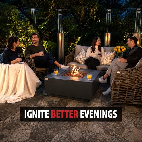 Image of AMS Creations | Brooklyn 40 inch Bundle Square Propane Gas Outdoor Fire Pit Table | Dark Gray Concrete GFRC | Limestone Texture Surface Fire Pit Table
