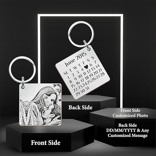 Image of Customized Photo Keychain & Date Engraved Calendar Keychain on Stainless Steel Best Gift For Couple, Bridesmaid, Women, Men And All To Your Loved Ones