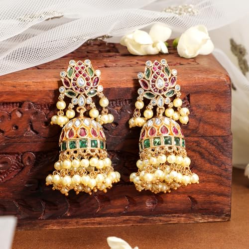 Image of Rubans Jhumka Earrings Kundan and Pearl Traditional Festive Jewellery Gift for Women & Girls