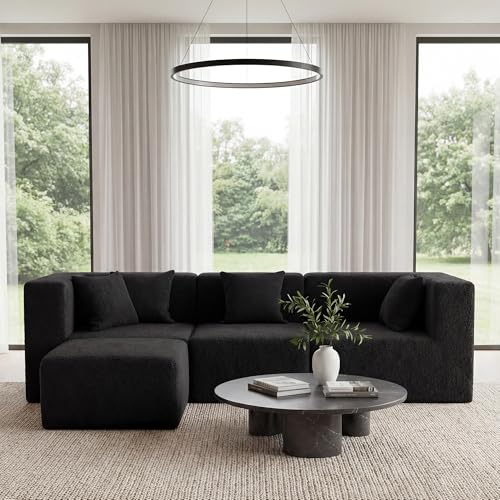 Image of MONVANE 103'' Modular Sectional Sofa, Comfy Teddy Velvet Cloud Couch with Ottoman, Modern Convertible L Shaped Couch with Deep Seat, Sectional Couches for Living Room, Bedroom and Apartment, Black