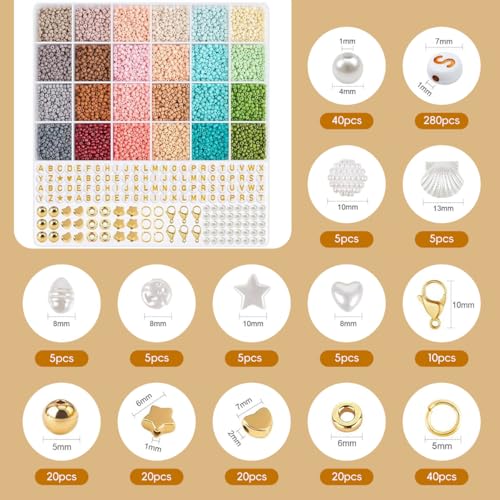 Image of SANNIDHI 3mm Seed Beads for Bracelet Making, 24 Color Small Beads for Craft, Girls DIY Jewelry Making Beads for Kids Activity with Spacer Bead, Pearls, Letters, Charms and Tools Kit | Easy Threading, Creative Projects, Craft Components, Spacer Beads, Pearls, Letters, Charms and Tools, Compact Storage