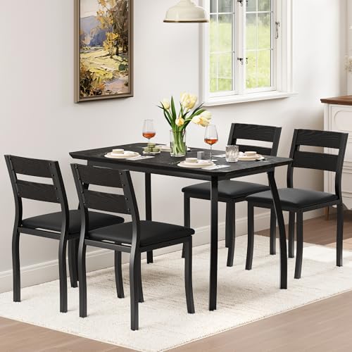 GarveeHome Dining Table Set for 4, 5 Piece Metal Frame Kitchen Table and Chair Set, Chamfer Design Space-Saving Dining Room Furniture for Small Spaces, Apartment, Studio, Breakfast Nooks, Black