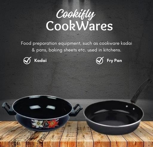 Image of Induction Cast Iron Non Stick Cookware 2 Piece Set Fry Pan Kadai Kitchen Combo Gas Stove Compatible Durable Daily Use Black Free Size