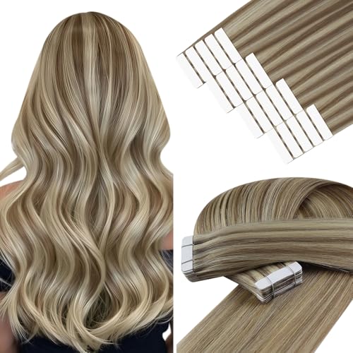 Image of YoungSee Human Hair Tape in Extensions Blonde Highlight, Invisible Tape in Hair Extensions, Light Brown Highlights Platinum Blonde, Softness Silky Hair, 14 Inch 20pcs 50g