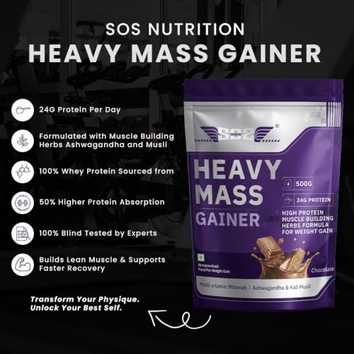 Image of SOS Nutrition Mass Gainer Protein & Herbs, Free Creatine Chocolate 500g