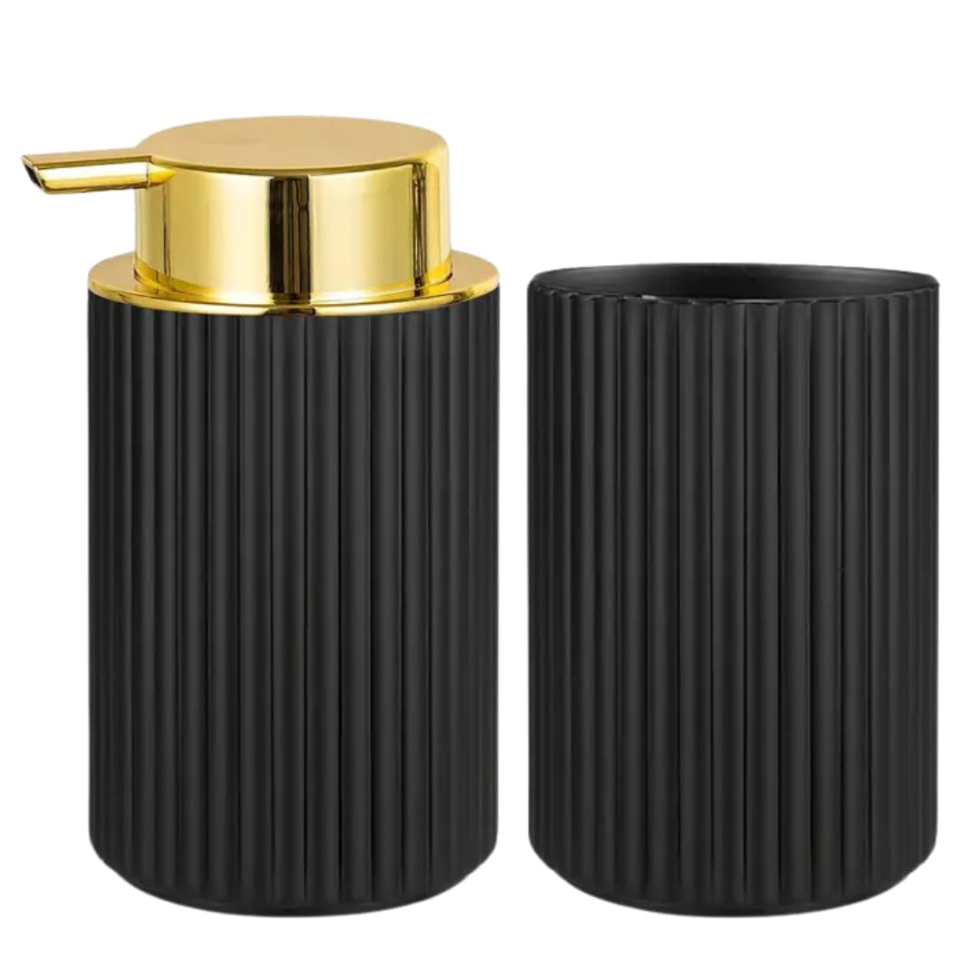 Juego dispensador jabon baƱo y Vaso, dispensador de jabón y portacepillos para baƱo Moderno 300ml, Accesorios Cocina y baƱo, jabón lĆquido y Gel Recargable, Botella de jabón (Negro y Dorado)
