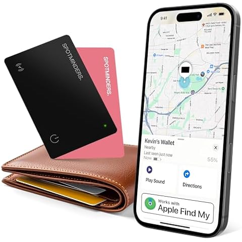SPOTMINDERS Wallet Tracking Card 2-Pack (Black and Pink bundle) - Apple MFi Certified, Works With Apple Find My, Rechargeable IP68 Water & Dust Proof, 0.07in Slim Iphone Item Finder for Luggage, Purse Cover