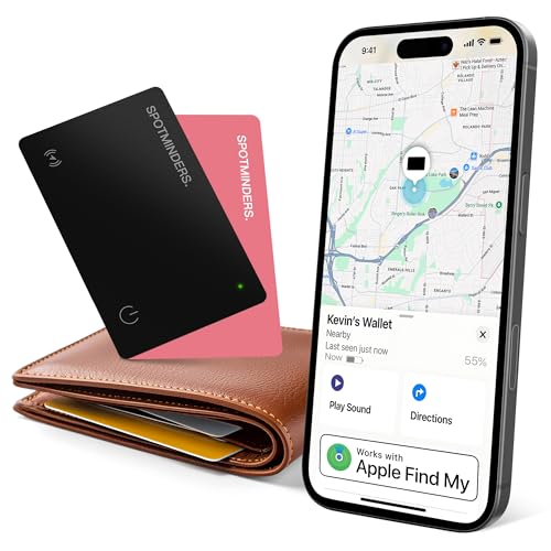 SPOTMINDERS Wallet Tracking Card 2-Pack (Black and Pink Bundle) Apple MFi Certified, Works with Apple Find My, Rechargeable IP68 Water & Dust Proof, 0.07in Slim iPhone Item Finder for Luggage, Purse