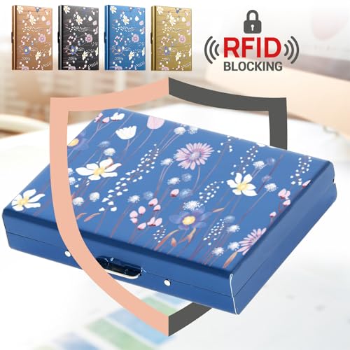 BONSYL® Credit Card Holder Wallet Pro Max Upgraded | 10 Card Slots | RFID Blocking Metal Wallet for Men & Women | Ultra-Slim Design | Easily Removable Money & Cards (10 Card/Blue/Flower)2