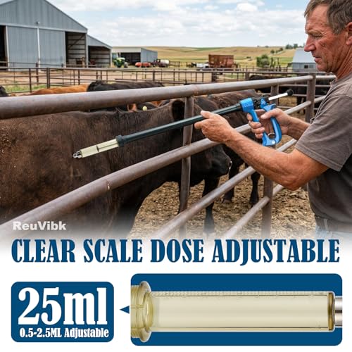 Image of 25ml Repeating Livestock Syringe Gun-Long Pole Veterinary Injector | with 5 Dose Settings, Ergonomic Grip, Clear Barrel & Luer Lock for Cattle, Horses, Goats, Sheep, Pigs