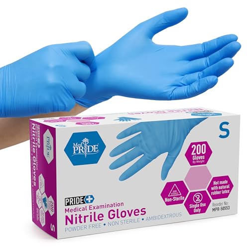 MED PRIDE Disposable Blue Nitrile Gloves, Pack of 200, Ideal for Medical, First Responders, Law Enforcement, Tattoo Artists, Food Vendors, Painters, Cleaners, Pet Care, and More