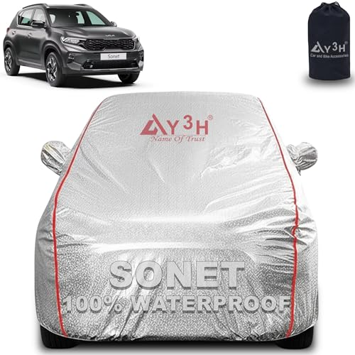 Image of 100% Waterproof Car Cover Compatible with Kia Sonet | All Weather, Dust Proof, UV Protective with Mirror Pocket (Silver Magic)