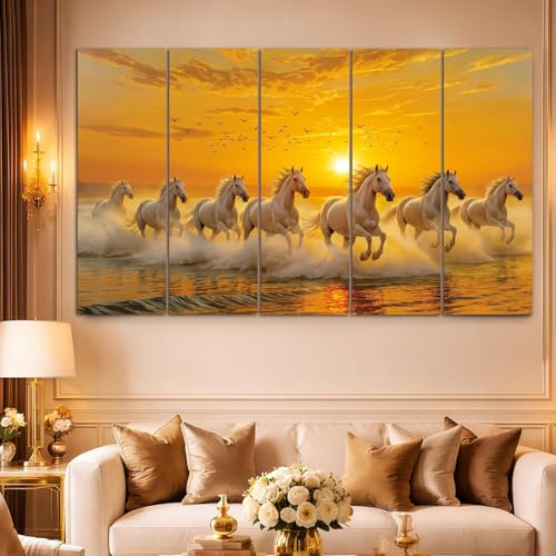 Image of Maxstone 7 Horses Wall Painting for Living Room Big Size - 7 Running Horses Painting Vastu for Bedroom, Office, Hotel - Wall Decor Digital Painting Wooden Framed for Gifting (30x60 inch) M1390