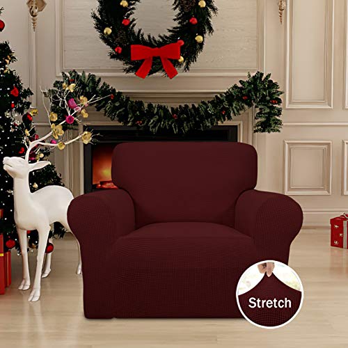 Image of Easy-Going Stretch Chair Sofa Slipcover 1-Piece Couch Sofa Cover Furniture Protector Soft with Elastic Bottom for Kids, Pet. Spandex Jacquard Fabric Small Checks (Chair, Wine)