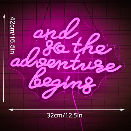 Image of Pink Neon Sign Dimmable Wanderlust LED Wall Light for Campervan Decor | 16.5*12.5IN,And So the Adventure Begins,Five level brightness adjustment,USB powered,For Bar,Pub,Club,Bedroom,Party,Weedding