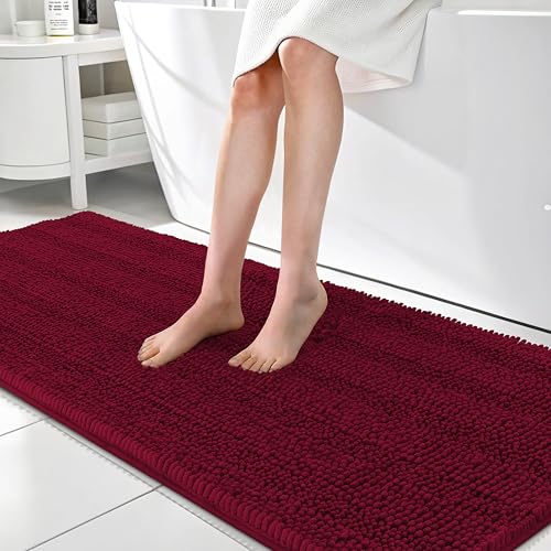 Image of OLANLY Thick Bathroom Runner Rugs 70x24, Absorbent Chenille Striped Bath Rugs, Rubber Backing, Machine Wash, Extra Long Bath Mats for Bathroom Floor, Tub and Shower, Home Decor Accessories, Burgundy