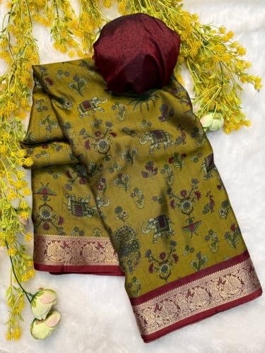 Image of Kalamkari Floral Prints Dola Silk Saree With Rich Zari Border Designer Pallu Attach Blouse Piece