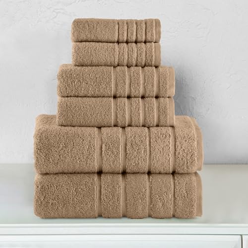 Image of Elegant Comfort 4 Lines Viscose Stripe 6-Piece Premium Towel Set 100% Turkish Cotton High Absorbent Luxury Bathroom Towels Includes 2 Washcloths, 2 Hand Towels & 2 Bath Towel Set, Taupe (Pack of 4)